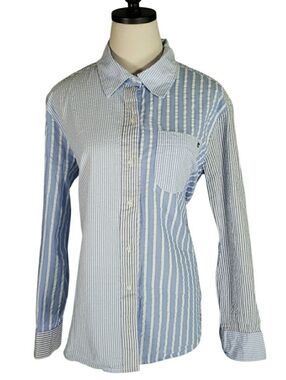 Crown & Ivy Mixed Stripes Blue & White Seersuker Button-Up Shirt Preppy Coastal